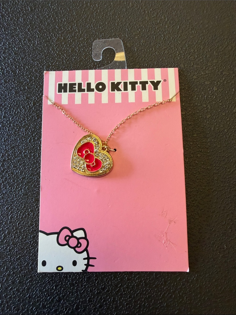 Hello Kitty Gold Heart Necklace with Pink Bow. NEW